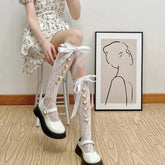 Cutout Lolita Knee High Socks With Ribbon and Flower | Lolita Outfits - KawaSocks
